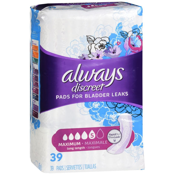 Always Discreet Pads for Bladder Leaks Long Length Maximum - 39 EA