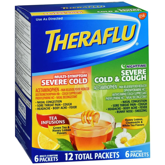 Theraflu Multi-Symptom Severe Cold & Nighttime Severe Cold & Cough Packets Green Tea & Honey Lemon Flavors - 12 EA