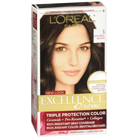 L'Oreal Excellence Triple Protection Color Non-Drip Creme 3-Natural Black - 1 EA