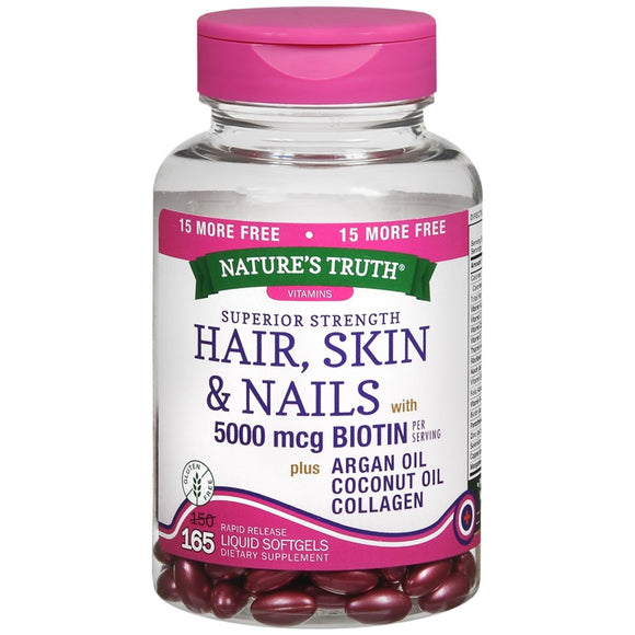 Nature's Truth Superior Strength Hair, Skin & Nails with 5000 mcg Biotin plus Argan Oil, Coconut Oil, Collagen Softgels - 165 CP