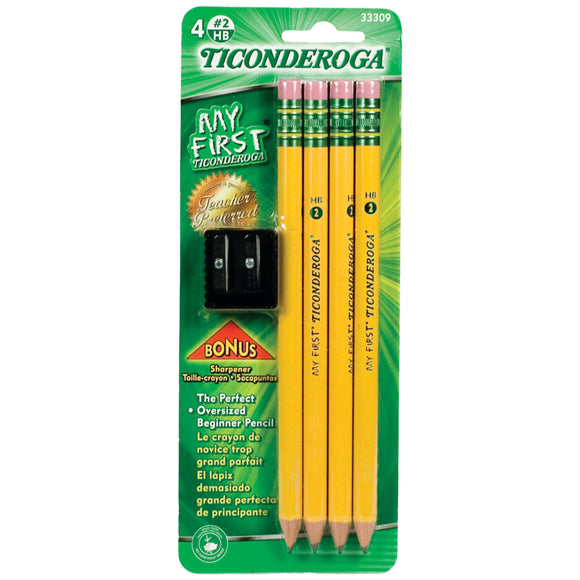 My First Ticonderoga Primary Size #2 Beginner Pencils, Pre-Sharpened, 4 Pencils with Bonus Sharpener, Yellow (33309)