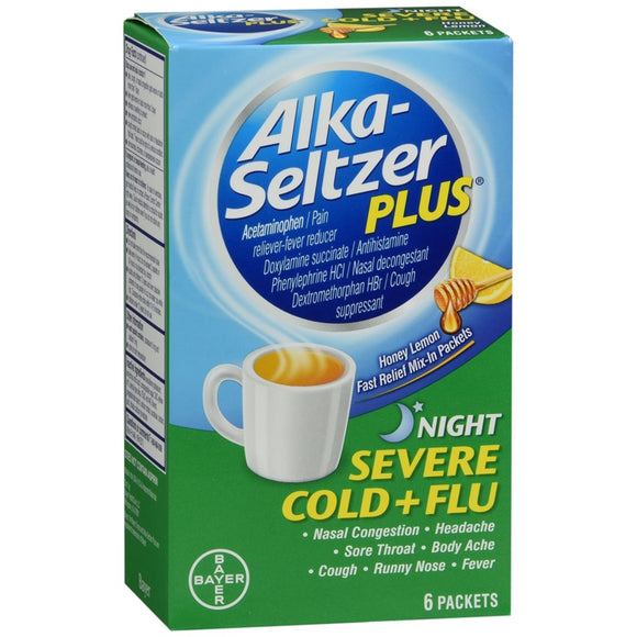 Alka-Seltzer Plus Night Severe Cold + Flu Powder Packets Honey Lemon - 6 EA