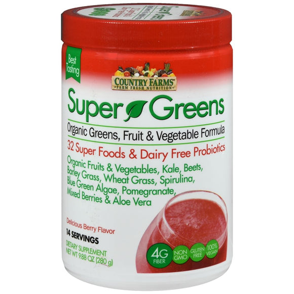 Country Farms Super Greens Organic Greens, Fruit & Vegetable Formula Powder Delicious Berry Flavor - 10.6 OZ