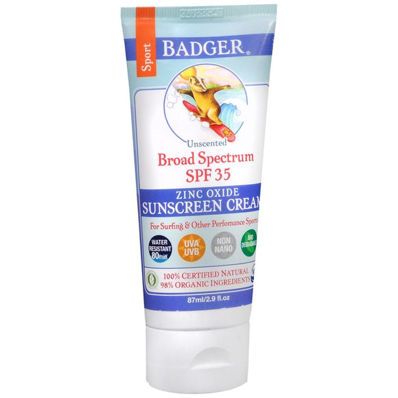 Badger Sport Zinc Oxide Sunscreen Cream SPF 35 Unscented - 2.9 OZ